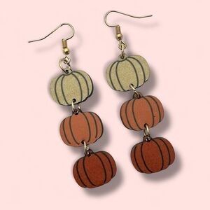 Fall Pumpkin Dangle Wooden Earrings Triple Drop Autumn Harvest Jewelry